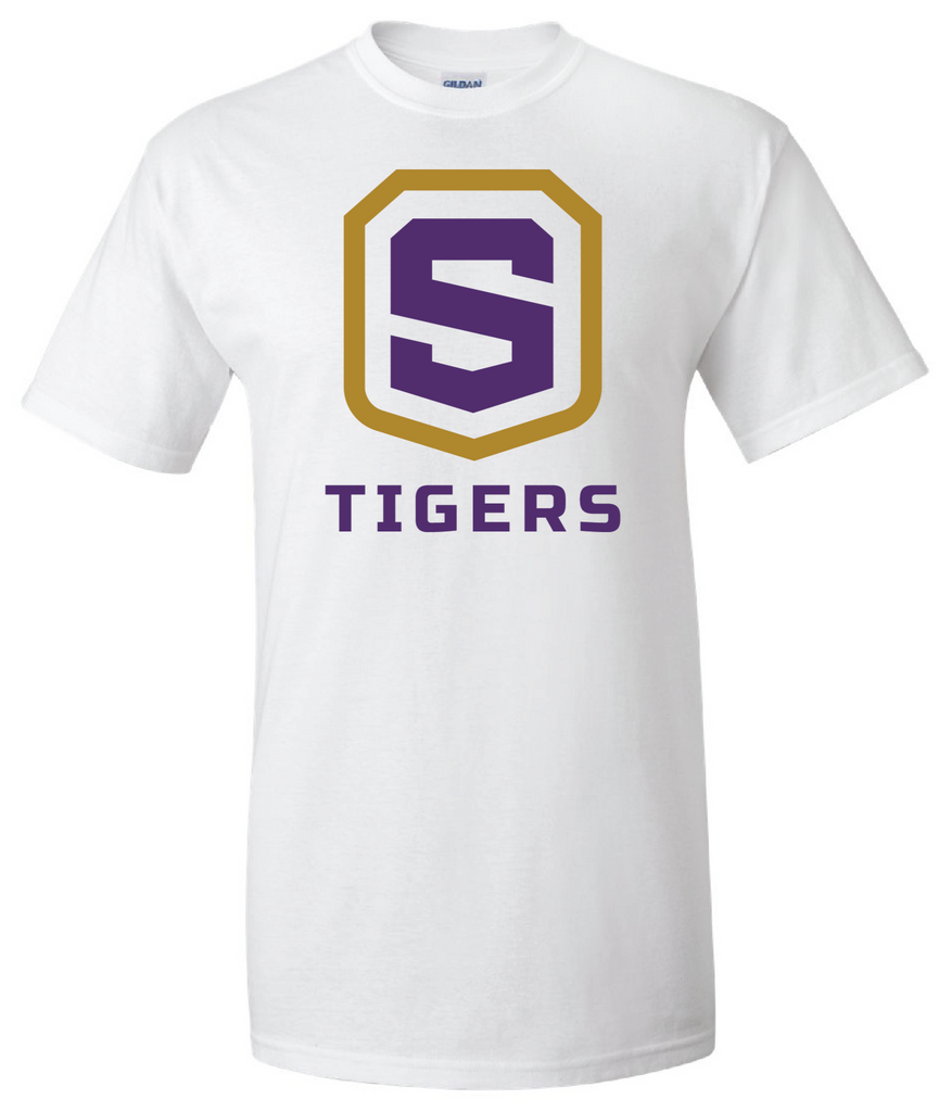 Adult White Cotton Short Sleeve T-Shirt | Tigers Shield - Spencer
